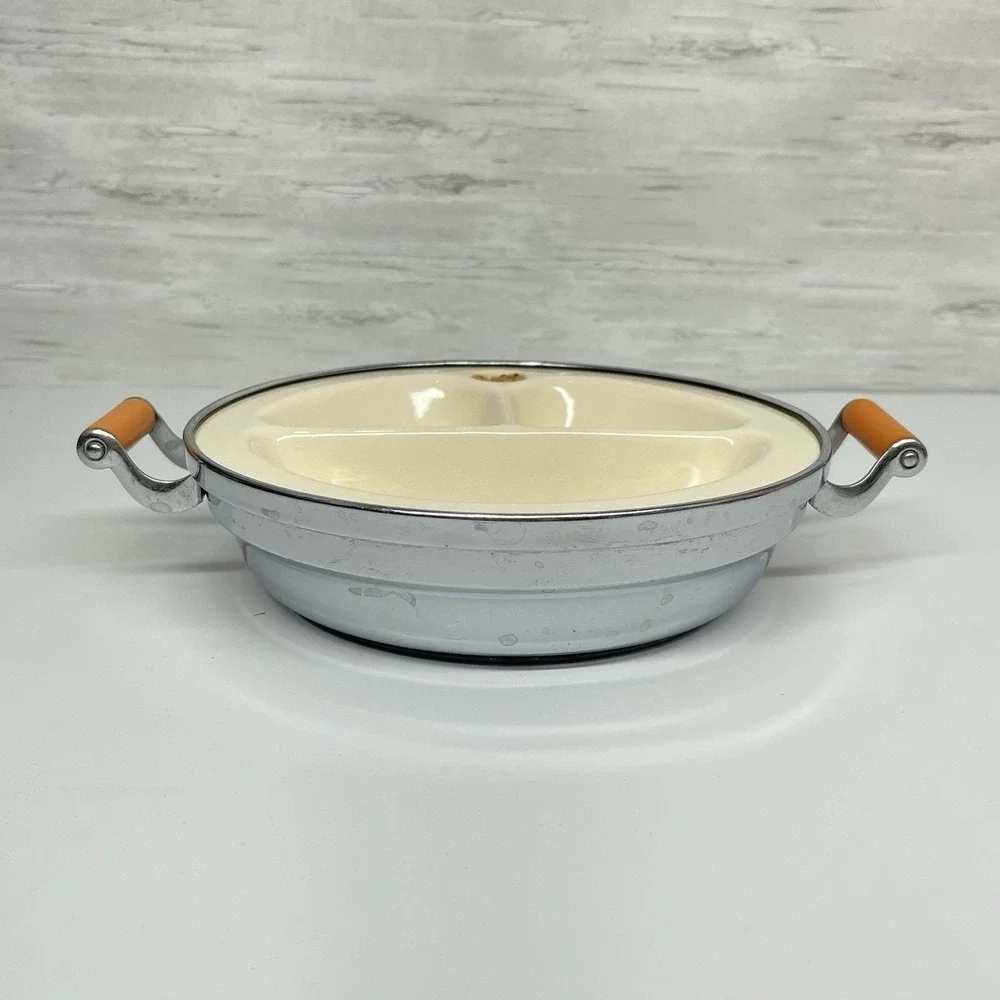 Vintage 1940s Excello Chromium Baby Food Warming Dish Divided Bakelite Handles